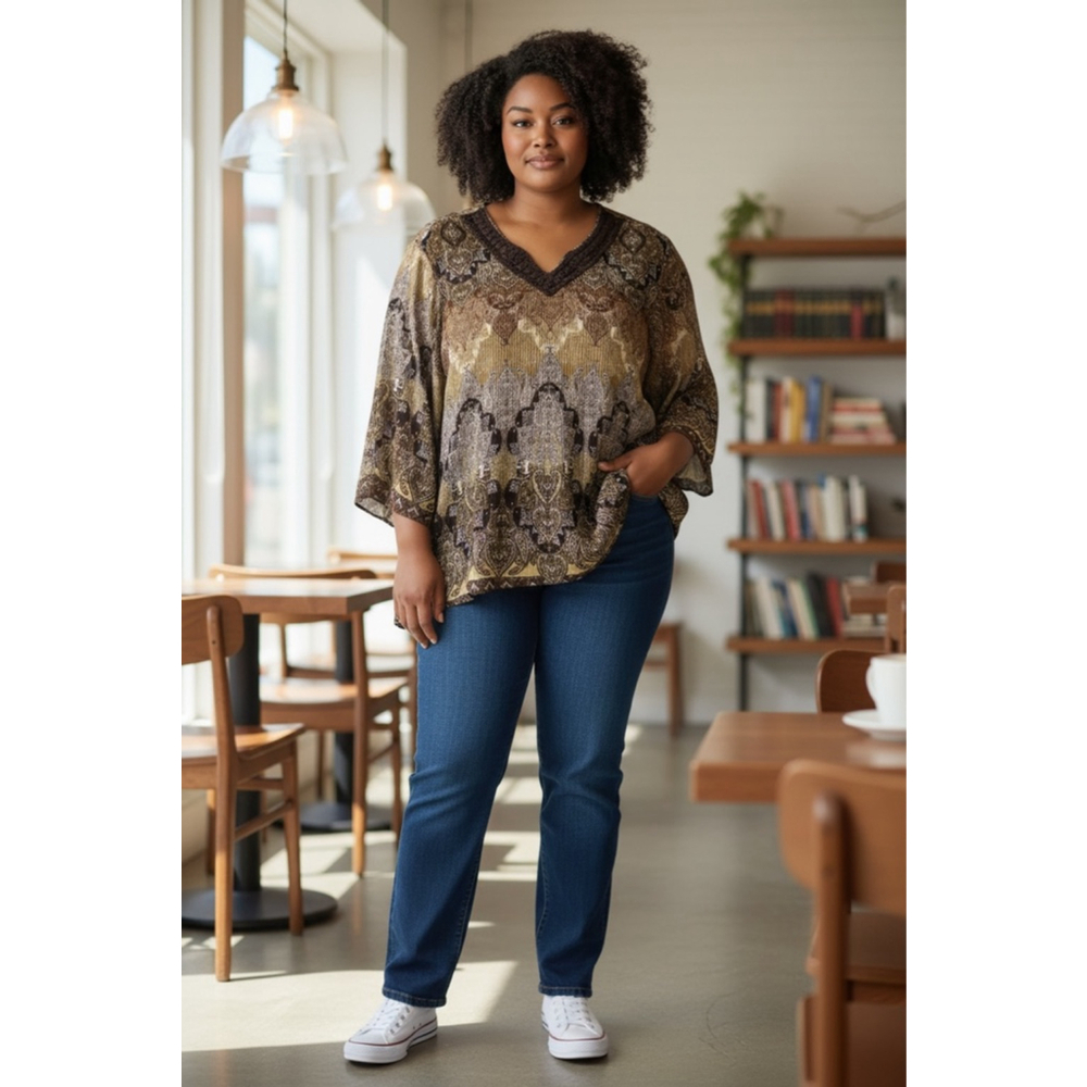 EUC Women's Catherines 1X Brown Beige Paisley Tunic Top